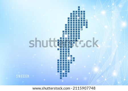 Abstract pixel map of Sweden on blue Gradient Background, 3D Mesh Vector Polygon network connect.
