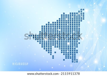 Abstract pixel map of Nicaragua on blue Gradient Background, 3D Mesh Vector Polygon network connect.