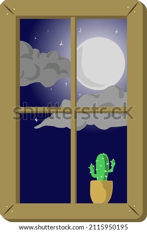 starry night sky view with moon through wooden window