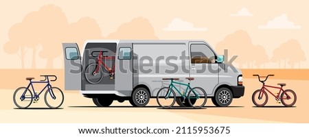 One family went on a bicycle tour when he used a van to carry several bikes so everyone could have a bike to ride. Flat vector illustration design