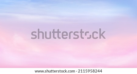 Clear blue, orange and pink sky and white cloud detail  with copy space. Summer heaven with colorful sweet sky. Sugar cotton pink clouds for design.Fantasy pastel background. Vector illustration.