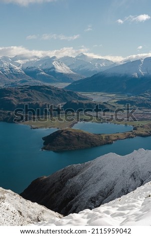 View from the top of Roy's Peak after snow. Wanaka, New Zealand. Vertical photography