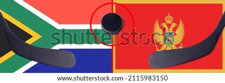 Top view hockey puck with South Africa vs. Montenegro command with the sticks on the flag. Concept hockey competitions