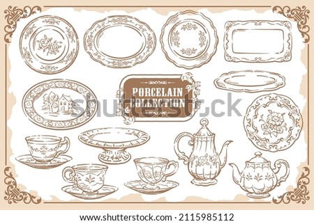Collection of porcelain plates, tea pots and tea cups. Vintage tools and pastries. Vector illustration. Royalty-Free Stock Photo #2115985112