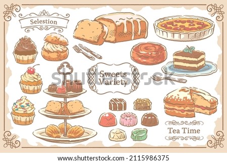 Collection of sketch desserts and elegant frames. Vector illustration. Royalty-Free Stock Photo #2115986375