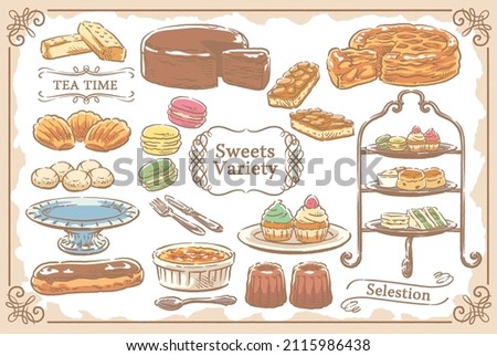 Collection of sketch desserts and elegant frames. Vector illustration. Royalty-Free Stock Photo #2115986438