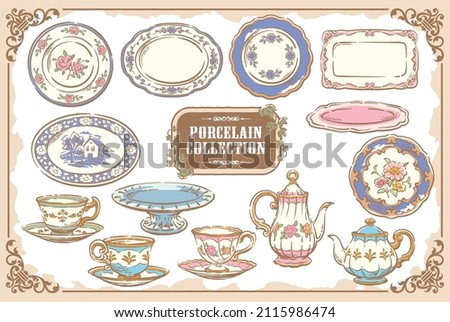 Collection of porcelain plates, tea pots and tea cups. Vintage tools and pastries. Vector illustration. Royalty-Free Stock Photo #2115986474