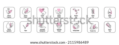 icon set of natural fragrance, natural, cruelty free, organic, nitrates, gluten, and sulfate free, natural ingredients, vegan, sustainable, handmade, biodegradable, paraben and sodium free. Royalty-Free Stock Photo #2115986489