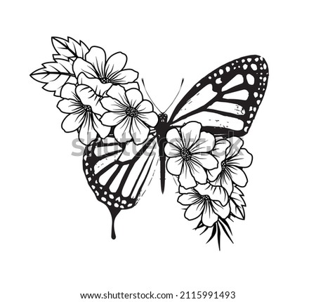 Butterfly with Flower Wings, Vector Design, Fashion, Poster, Card, Sticker, Phone Case, Wall Art, Tattoo, Tattoo Butterfly, Floral, Boho Butterfly Royalty-Free Stock Photo #2115991493