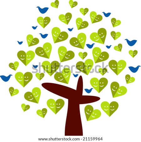 Tree with green leaves in form of happy hearts and blue birds