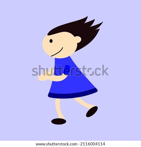 Cartoon girl in blue dress. Cartoon child running.