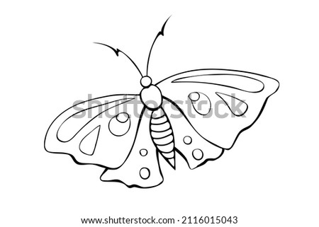 Vector black outline cute butterfly in Doodle style. Simple outline design element, clip art for spring, summer