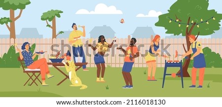 Neighbors and friends have barbecue party outside at the backyard on summer day. People cook and eat grill food on the sticks, drink and spend time together at the garden with fence on the background. Royalty-Free Stock Photo #2116018130