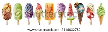Watercolor ice cream hand drawn illustration set