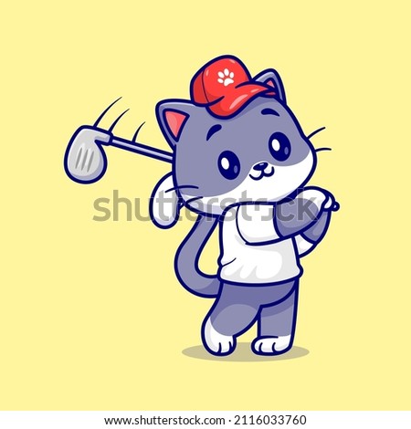 Cute Cat Playing Golf Cartoon Vector Icon Illustration. Animal Sport Icon Concept Isolated Premium Vector. Flat Cartoon Style