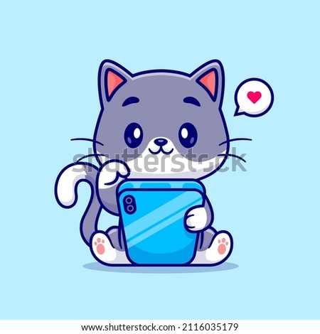 Cute Cat Playing Handphone Cartoon Vector Icon Illustration. Animal Technology Icon Concept Isolated Premium Vector. Flat Cartoon Style