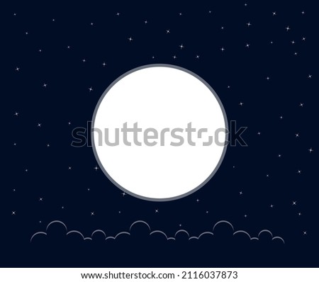 Illustration, a full white moon, and a shadow of the clouds below. Dark blue background and small stars fill the space.