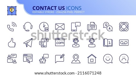Outline icons about contact us. Contains such icons as call center, support, mail, curtomer service, web site, feedback, info and call. Editable stroke Vector 256x256 pixel perfect Royalty-Free Stock Photo #2116071248