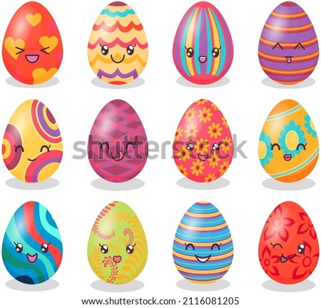 Easter eggs stickers kawaii icon vector design. Adorable decorated holiday eggs with positive emotions, japanese culture symbol anime. Sweet smiling faces, facial expressions in cute oriental style