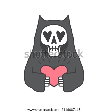 Skull cat holding heart, illustration for t-shirt, poster, sticker, or apparel merchandise. With cartoon style.