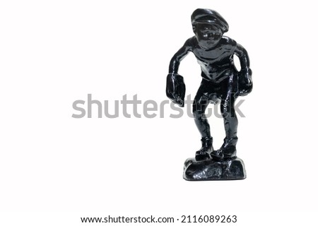 Swap meet. Boy football player, young goalkeeper. black cast iron, Kasli casting, souvenir figurine.