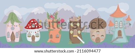 Vector illustration of a house of fairies and a gnome. Panorama of a fabulous village with mushroom houses, an acorn house, a herbalist's house