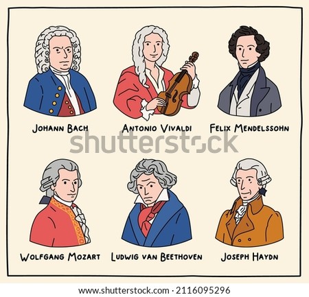 Vector illustration. Set of portraits of famous composers of the world.  Johann Bach, Antonio Vivaldi, Felix Mendelssohn, Wolfgang Mozart, Ludwig van Beethoven, Joseph Haydn Royalty-Free Stock Photo #2116095296