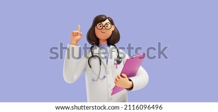3d render. Cartoon character caucasian woman doctor holds clipboard, wears glasses and uniform. Index finger shows up. Medical clip art isolated on blue violet background. Healthcare recommendation