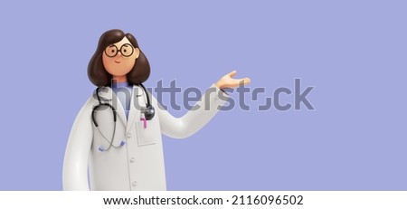 3d render. Cartoon character caucasian woman doctor wears glasses and uniform. Medical clip art isolated on blue violet background. Health care consultation, medical science