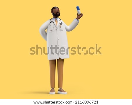 3d render. African cartoon character doctor holds big pill. Medicament recommendation. Pharmaceutical clip art isolated on yellow background