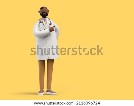 3d render. African cartoon character doctor full size. Medical clip art isolated on yellow background