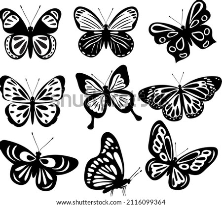 butterflies set silhouette ,on white background, vector
