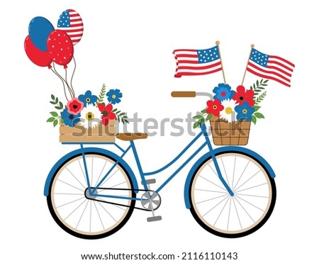 Patriotic blue bike with American flags, red, white, blue flowers and balloons illustration, isolated on white background. 4th of July themed design holiday card.