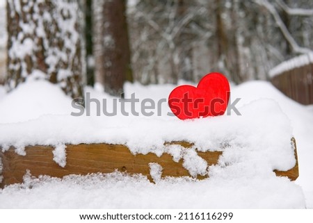 Heart in the snow on the bench. Winter. Valentine's day