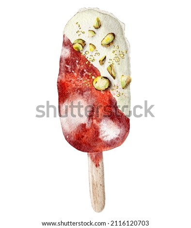 Watercolor red ice cream hand drawn illustration isolated on the white background