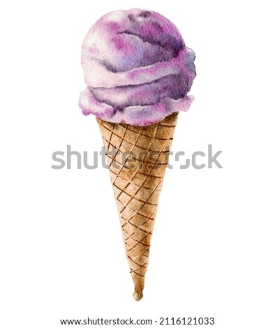 Watercolor wafefle cone ice cream hand drawn illustration isolated on the white background