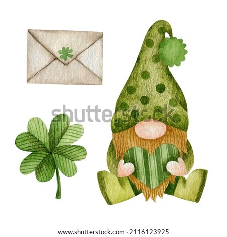 Watercolor illustration set of gnome, letter, clover st. patrick's day.