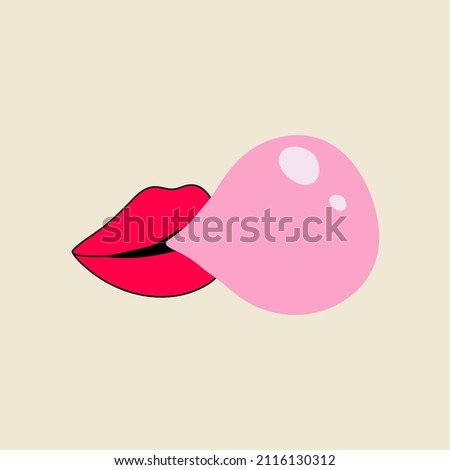 Classic 80s-90s element in modern style flat, line style. Hand drawn vector illustration of lips inflating chewing gum. Fashion patch, badge, emblem. 