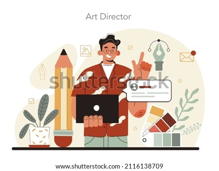 Designer concept. Art director working on media content. Creative process, digital drawing and design for product promotion. Flat illustration vector Royalty-Free Stock Photo #2116138709