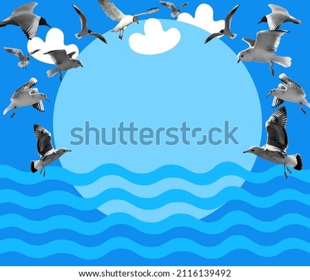 Seagulls on the background of sea waves and clouds. Contemporary art collage with space for text. Layout. Sea resort concept.
 Royalty-Free Stock Photo #2116139492