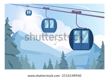 Ski lift transportation. Aerial lift lifting up people to a mountain top. Winter ski resort landscape with ski and snowboarding paths. Snowy hills and forest scenery. Flat vector illustration Royalty-Free Stock Photo #2116148960