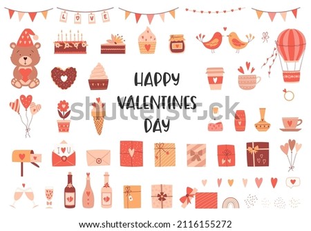A set of design elements on the theme of Valentine's Day, birthday. Bear, sweets, gift boxes, birds, balloons. Color vector illustrations isolated on a white background.