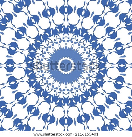 Ethnic ceramic tile in portuguese azulejo. Fashionable design. Vector seamless pattern illustration. Blue vintage ornament for surface texture, towels, pillows, wallpaper, print, web background.