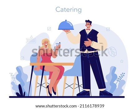 Waiter concept. Restaurant staff in the uniform, catering service. Order acceptance, payment and customer service. Flat vector illustration