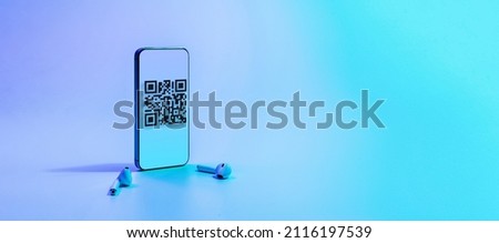 Qr code payment. Digital mobile smart phone with qr code scanner on smartphone screen for pay, scan barcode technology on neon background. Online shopping, cashless society technology concept