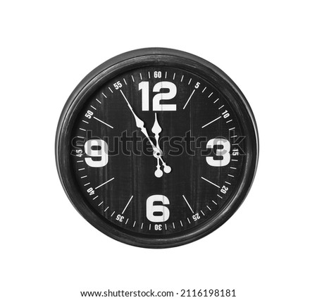 Clock showing five minutes until midnight on white background. New Year countdown