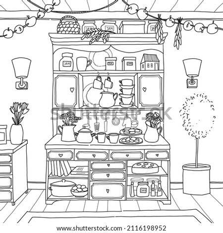 Kitchen witches cupboard with books, cups, plates.  Hand drawn coloring page.