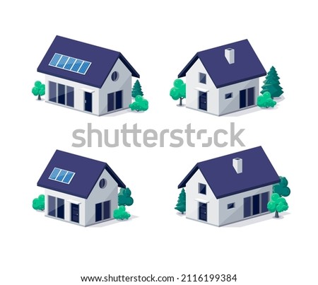 Classic modern family house building icon in 3d view. Residential home property. Contemporary standard suburban village style with gable roof and solar panels. Isolated vector real estate illustration