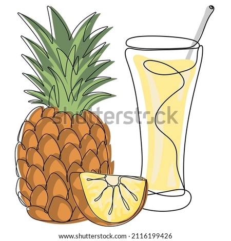 Pineapple juice. Trendy vector illustration of fruit and juice in minimalist line art style.