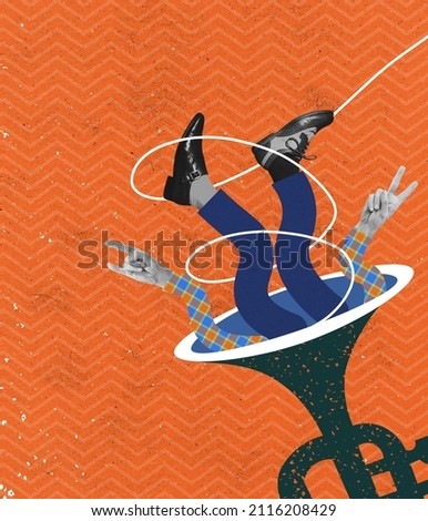 Let's take music break. Human legs stick out trumpet isolated on orange background. Modern design. Contemporary art collage. Surrealism. Concept of music festivals, style, fashion